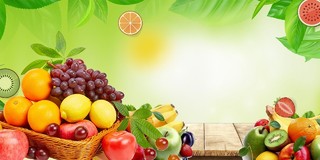 绿色清新简约各种新鲜水果果篮生鲜水果展板背景